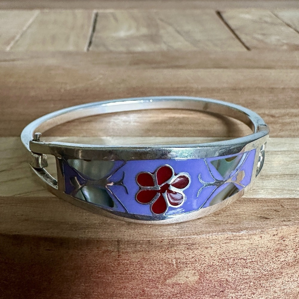 Vintage‎ Taxco Hinged Bracelet 5.25 Inch Abalone Flower Butterfly Sterling 12.4g
